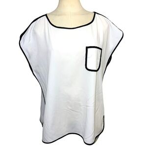 sung Alfred Sung White Black Crepe Blouse Short Sleeves Round Neck Sz L